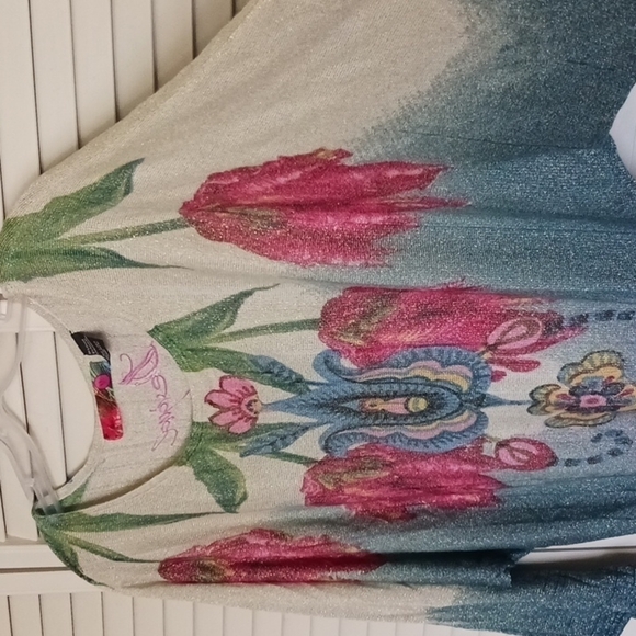 DESIGUAL Boho Dolman Sleeve Floral Mettalic Disco Mini Dress, Sz M - Picture 6 of 15